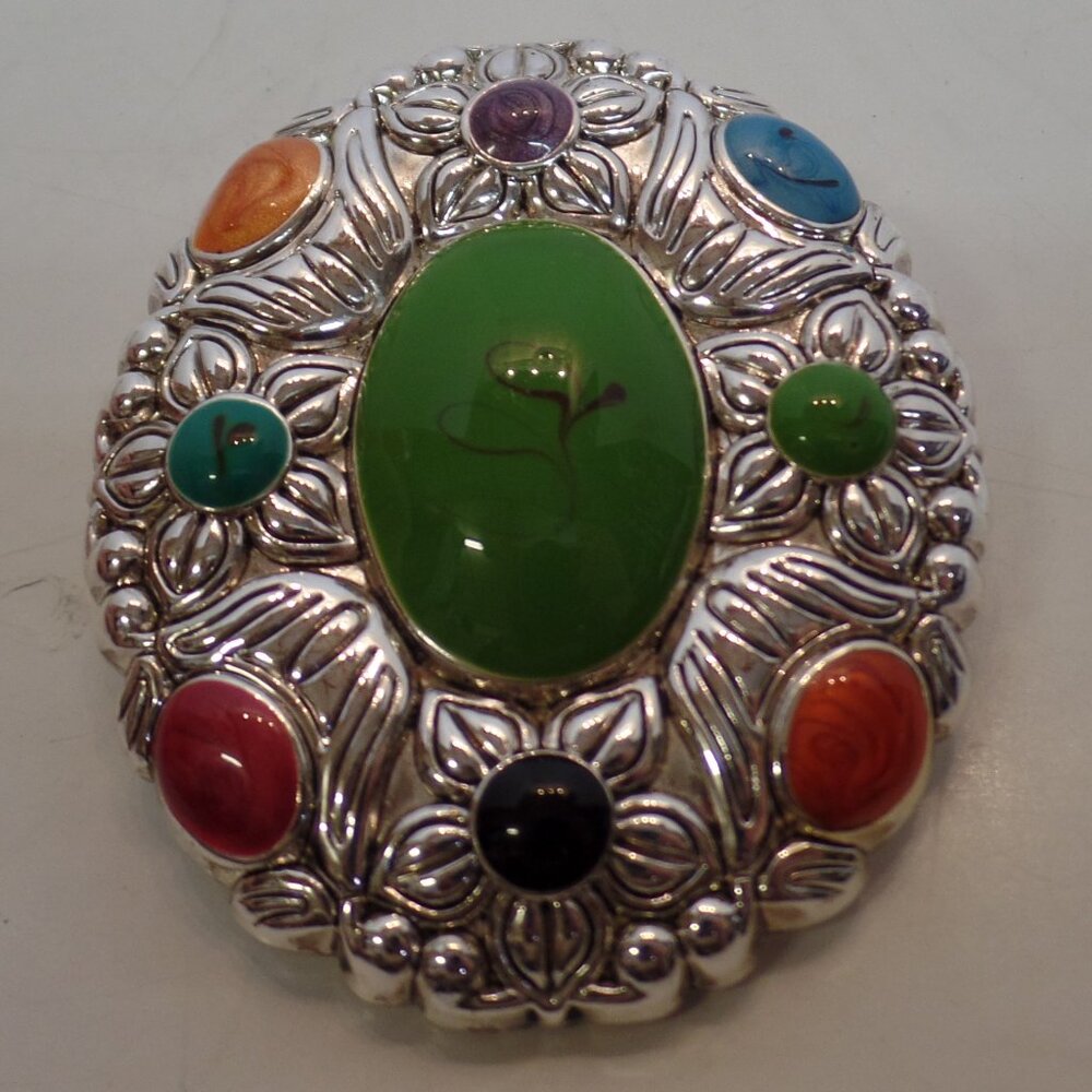 "Best Brand" Silvertone Round Decorative Pendant Apx 2"  Stamped With Large  Bal